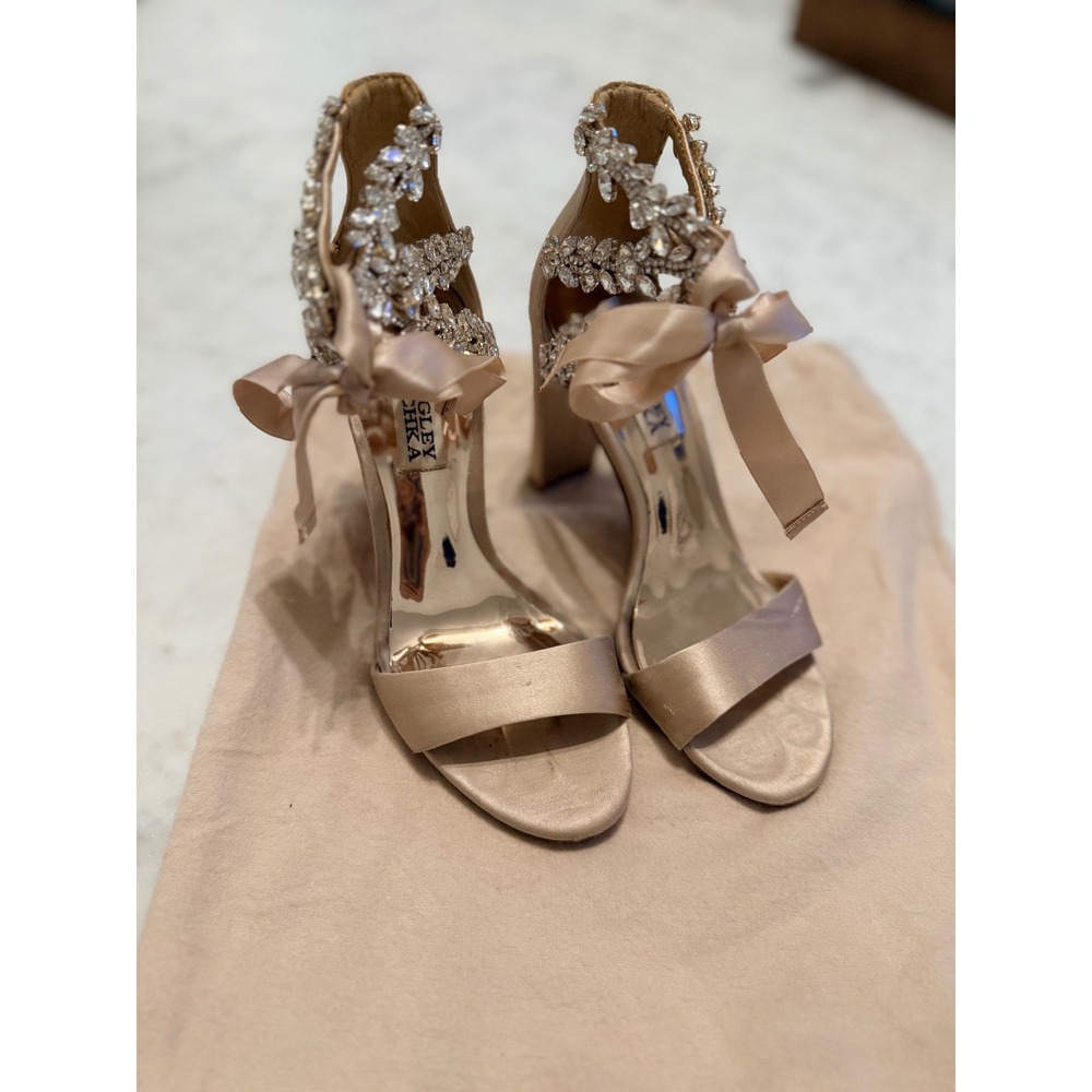 Badgley Mischka Champagne Satin Crystal Ankle Strap Block Heel